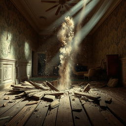 A dramatic scene of an old wooden floor collapsing, splintering and cracking as debris falls through