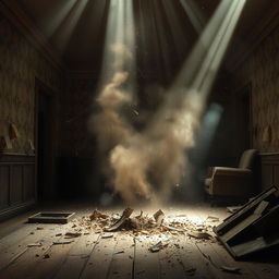 A dramatic scene of an old wooden floor collapsing, splintering and cracking as debris falls through