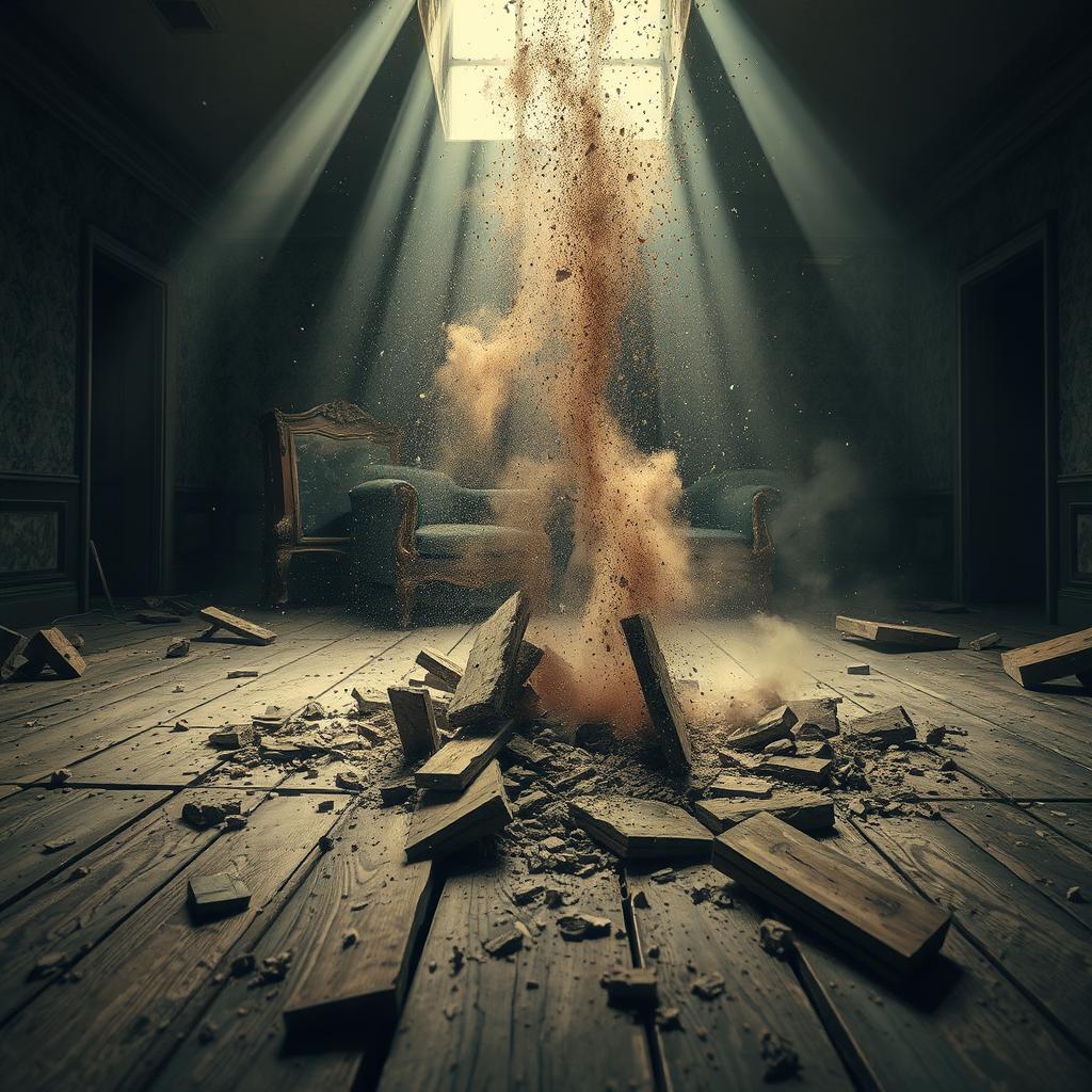 A dramatic scene of an old wooden floor collapsing, splintering and cracking as debris falls through