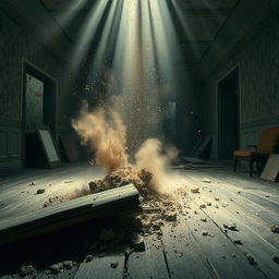 A dramatic scene of an old wooden floor collapsing, splintering and cracking as debris falls through