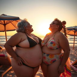 A heartwarming scene depicting an Israeli grandmother with a chubby figure sharing a passionate tongue kiss with her busty girlfriend at a picturesque beachside