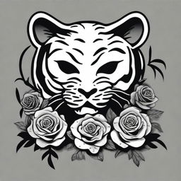 This is a high-quality, digital art of a simple, black and white tattoo design that combines the iconic imagery of the Grateful Dead with a stylized tiger