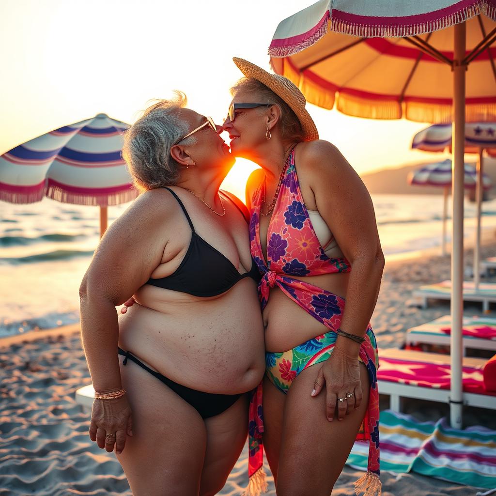 A heartwarming scene depicting an Israeli grandmother with a chubby figure sharing a passionate tongue kiss with her busty girlfriend at a picturesque beachside