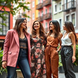 A group of three stylish 34-year-old European brunettes, each showcasing their unique fashion sense