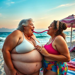 A heartwarming and passionate scene depicting an Israeli grandmother with a chubby figure passionately sucking her girlfriend's tongue at a picturesque beachside