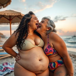 A heartwarming and passionate scene depicting an Israeli grandmother with a chubby figure passionately sucking her girlfriend's tongue at a picturesque beachside