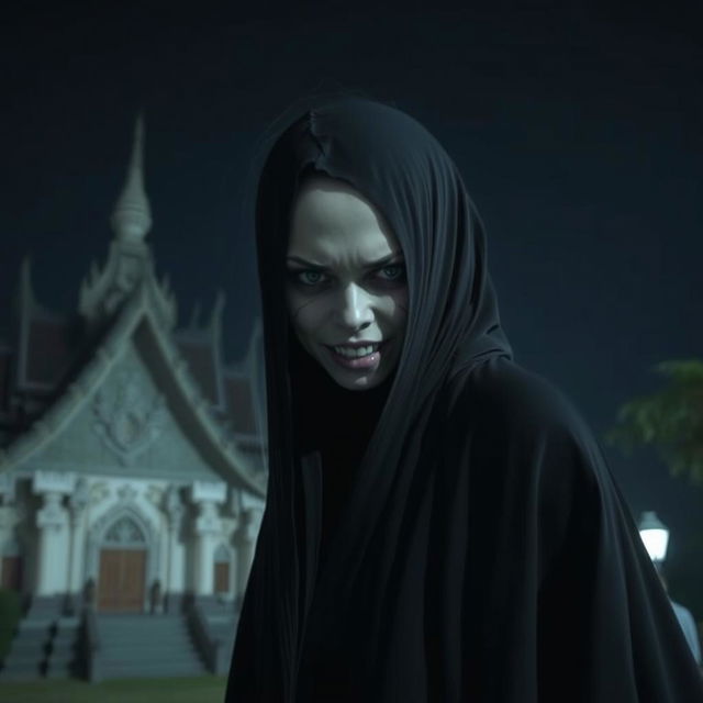 A female ghost from Thailand with a haunting presence, her face always exhibiting a scary expression, featuring a prominent scar that runs across her cheek