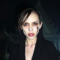 A female ghost from Thailand with a haunting presence, her face always exhibiting a scary expression, featuring a prominent scar that runs across her cheek