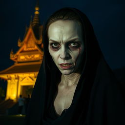 A female ghost from Thailand with a haunting presence, her face always exhibiting a scary expression, featuring a prominent scar that runs across her cheek