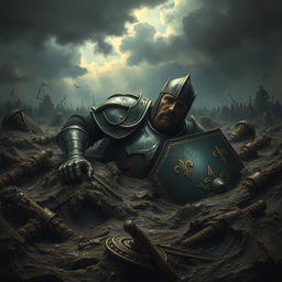 A dramatic depiction of a valiant knight slowly sinking into thick, dark mud
