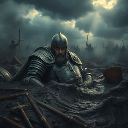 A dramatic depiction of a valiant knight slowly sinking into thick, dark mud