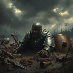 A dramatic depiction of a valiant knight slowly sinking into thick, dark mud