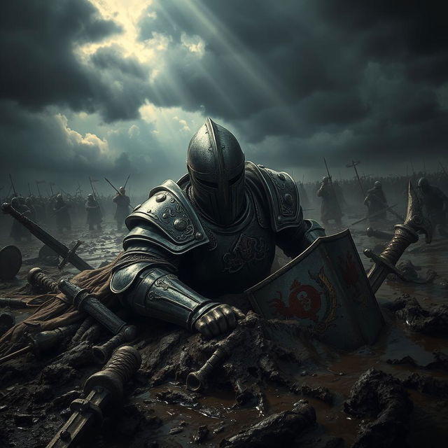 A dramatic depiction of a valiant knight slowly sinking into thick, dark mud