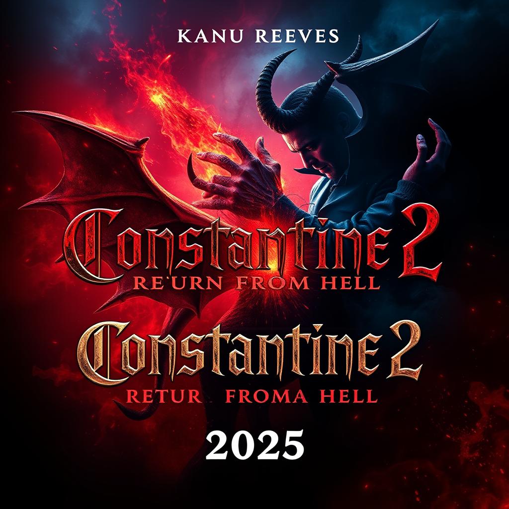 A mesmerizing movie poster for 'Constantine 2: Return From Hell (2025)', showcasing a captivating supernatural scene featuring a fierce battle between a demon and Constantine