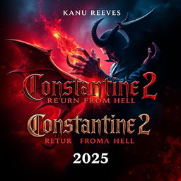 A mesmerizing movie poster for 'Constantine 2: Return From Hell (2025)', showcasing a captivating supernatural scene featuring a fierce battle between a demon and Constantine