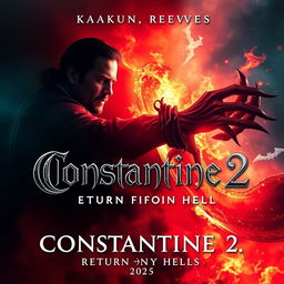 A mesmerizing movie poster for 'Constantine 2: Return From Hell (2025)', showcasing a captivating supernatural scene featuring a fierce battle between a demon and Constantine