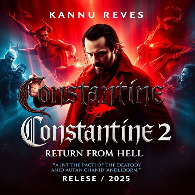 A mesmerizing movie poster for 'Constantine 2: Return From Hell (2025)', showcasing a captivating supernatural scene featuring a fierce battle between a demon and Constantine