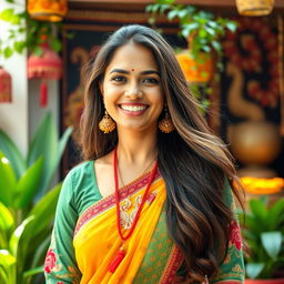 A 35-year-old Indian woman with light skin and long, flowing hair, dressed in a colorful traditional outfit, standing gracefully in front of a cultural backdrop