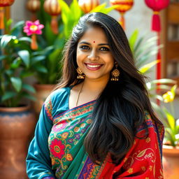 A 35-year-old Indian woman with light skin and long, flowing hair, dressed in a colorful traditional outfit, standing gracefully in front of a cultural backdrop