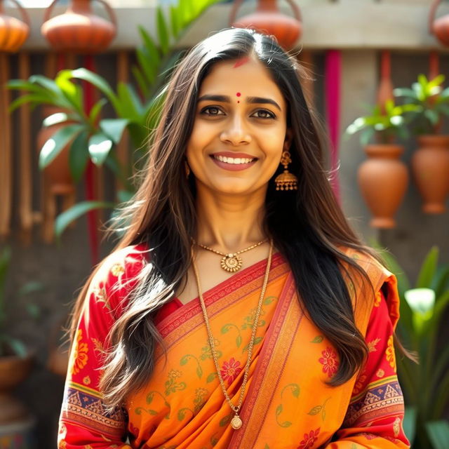 A 35-year-old Indian woman with light skin and long, flowing hair, dressed in a colorful traditional outfit, standing gracefully in front of a cultural backdrop