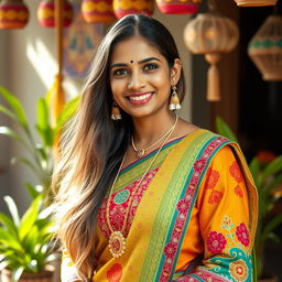 A 35-year-old Indian woman with light skin and long, flowing hair, dressed in a colorful traditional outfit, standing gracefully in front of a cultural backdrop