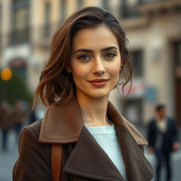 A portrait of a beautiful 36-year-old European brunette woman, showcasing her elegant style
