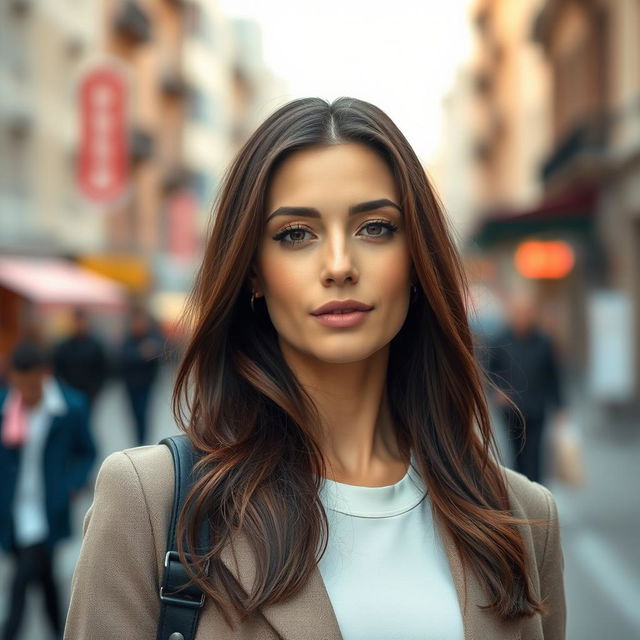 A portrait of a beautiful 36-year-old European brunette woman, showcasing her elegant style