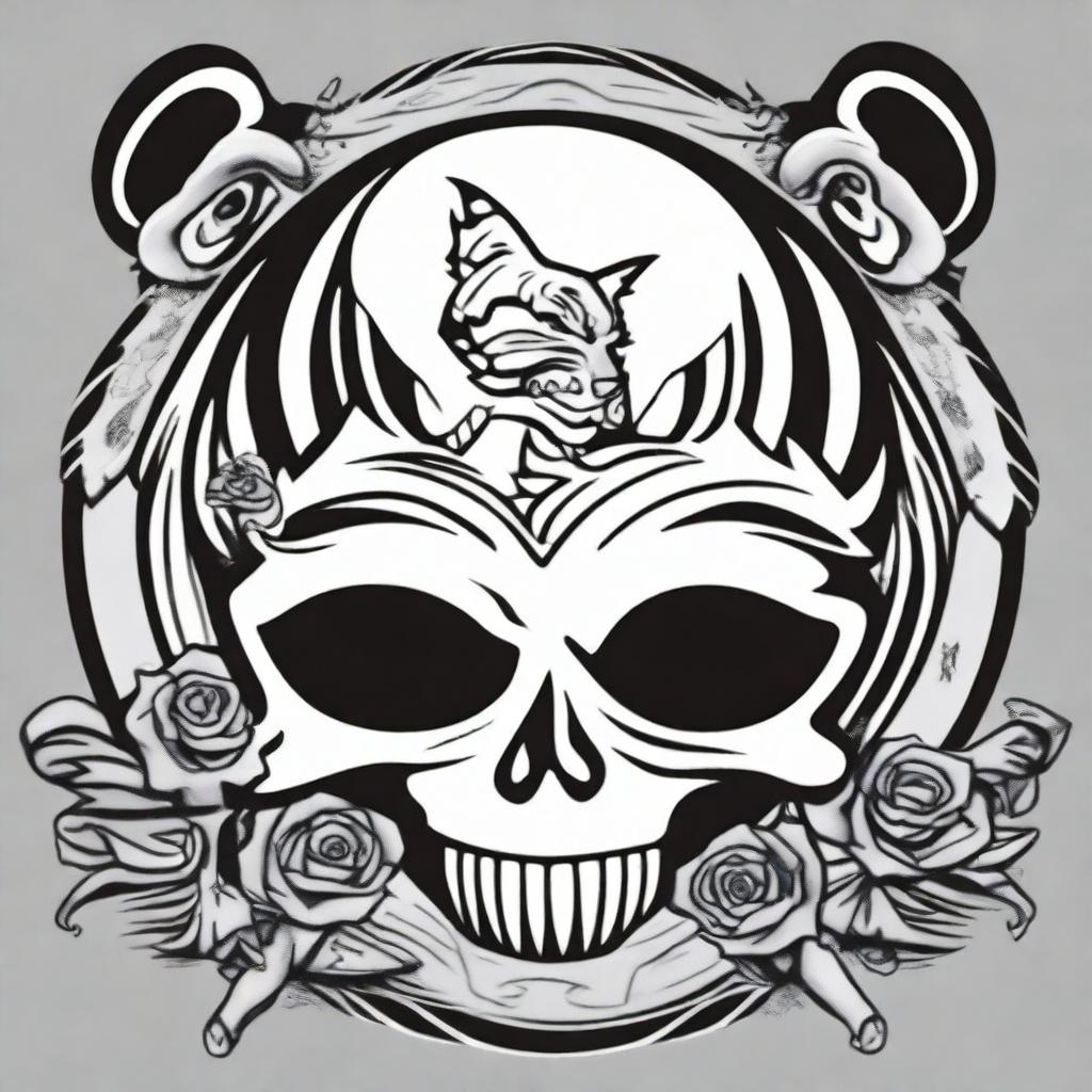 This is a high-quality, digital art of a simple, black and white tattoo design that combines the iconic imagery of the Grateful Dead with a stylized tiger