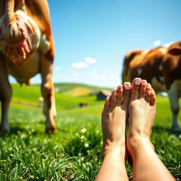 A whimsical and playful scene depicting a woman's feet gently placed next to a cow in a pastoral farm setting