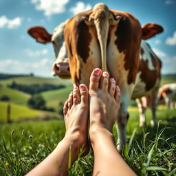 A whimsical and playful scene depicting a woman's feet gently placed next to a cow in a pastoral farm setting