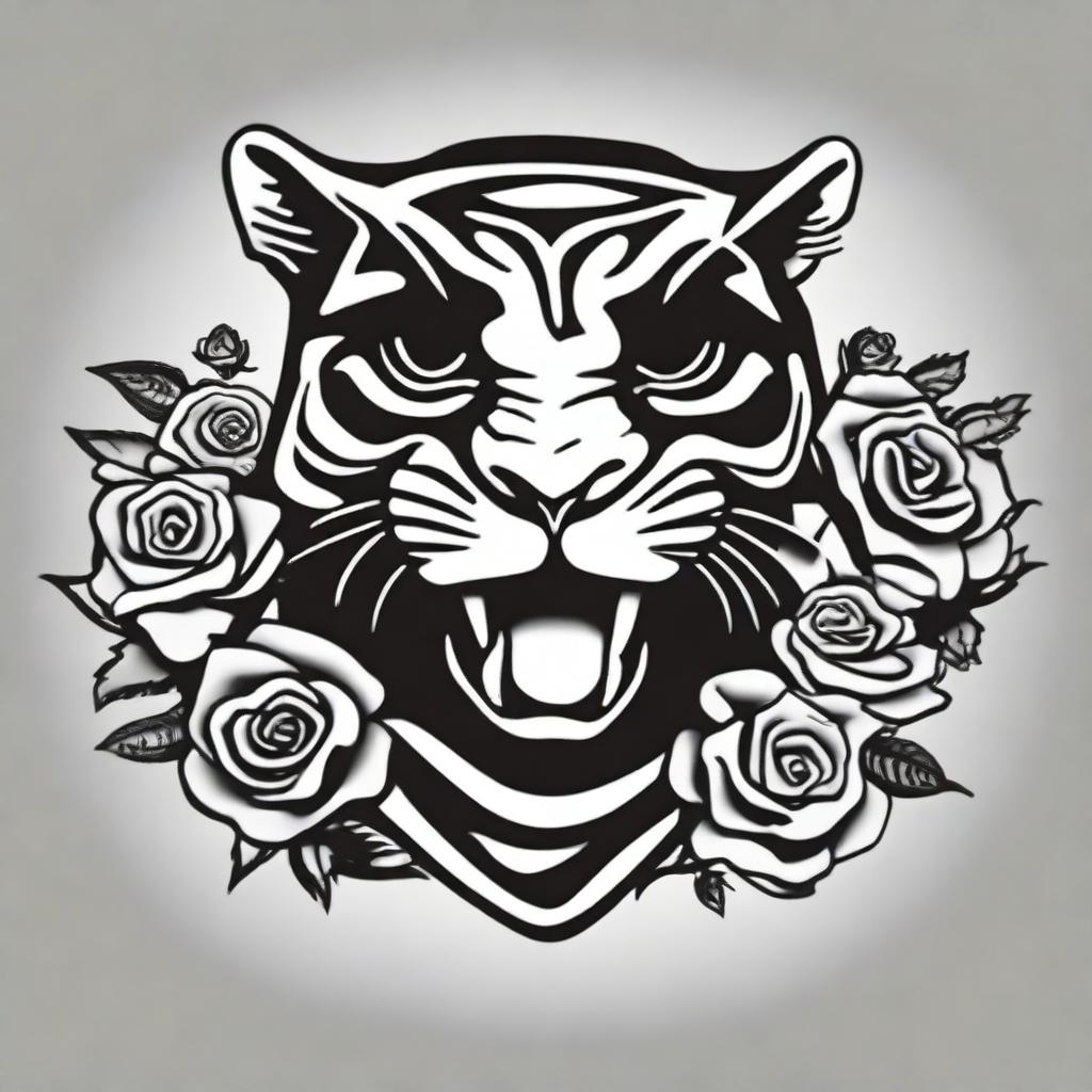 This is a high-quality, digital art of a simple, black and white tattoo design that combines the iconic imagery of the Grateful Dead with a stylized tiger