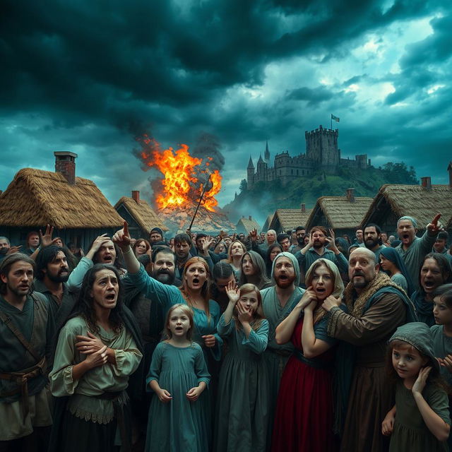 A dramatic scene depicting a shocked medieval crowd, their faces filled with expressions of horror and disbelief as they witness a calamity unfolding before them