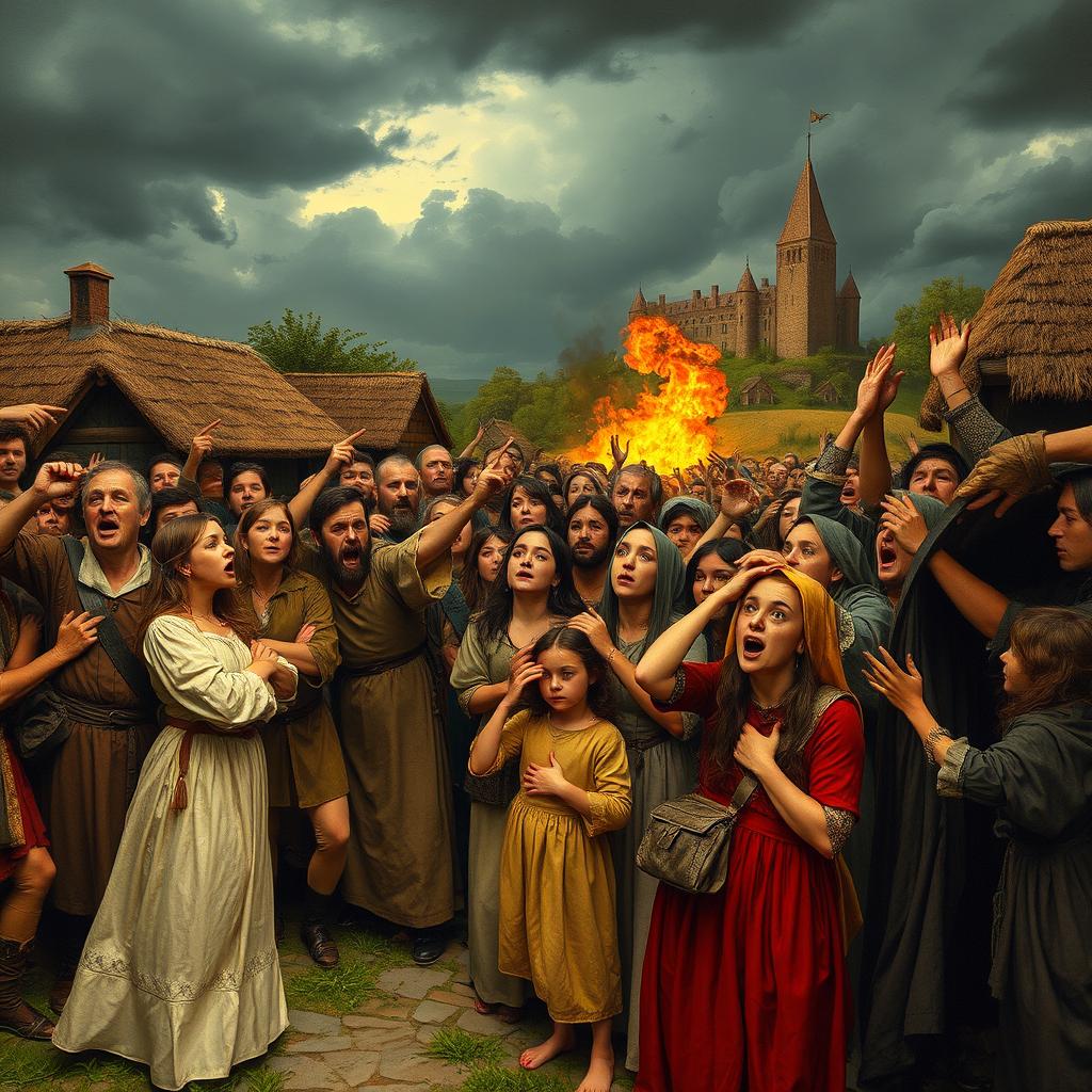 A dramatic scene depicting a shocked medieval crowd, their faces filled with expressions of horror and disbelief as they witness a calamity unfolding before them