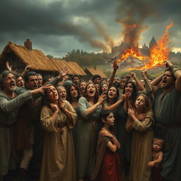 A dramatic scene depicting a shocked medieval crowd, their faces filled with expressions of horror and disbelief as they witness a calamity unfolding before them