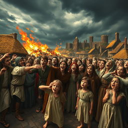 A dramatic scene depicting a shocked medieval crowd, their faces filled with expressions of horror and disbelief as they witness a calamity unfolding before them