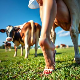 A whimsical and playful scene featuring a close-up of a woman's feet standing beside a cow, with the focus on the cow's udders