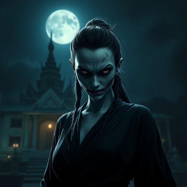 A fierce-looking female ghost from Thailand with a scarred face, wearing a black outfit