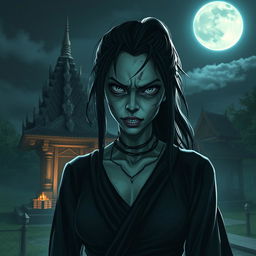 A fierce-looking female ghost from Thailand with a scarred face, wearing a black outfit