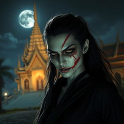 A fierce-looking female ghost from Thailand with a scarred face, wearing a black outfit