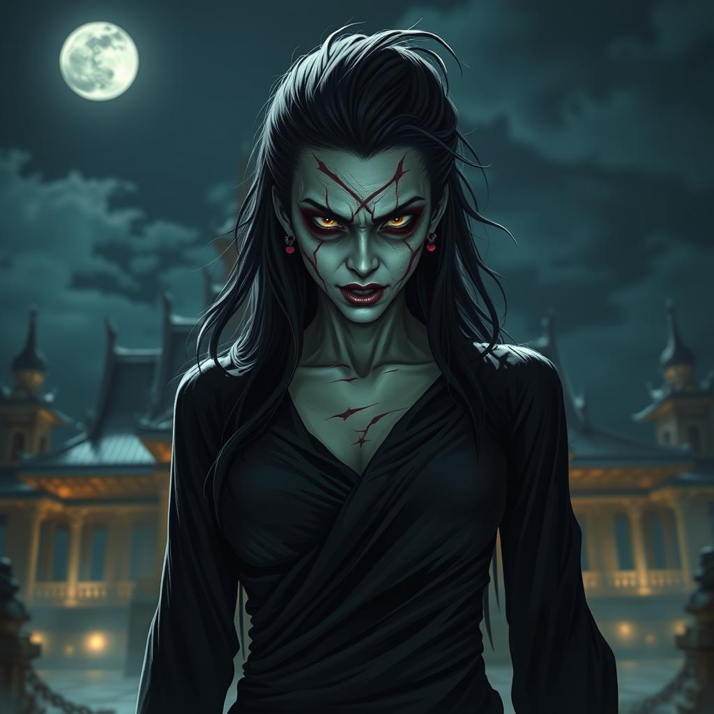 A fierce-looking female ghost from Thailand with a scarred face, wearing a black outfit