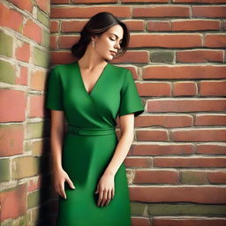 A high-quality digital art image of a woman in a green dress leaning against a rustic brick wall