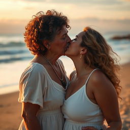 A romantic beachside scene capturing a passionate moment between a 55-year-old Israeli woman with curly hair and a voluptuous 25-year-old girlfriend