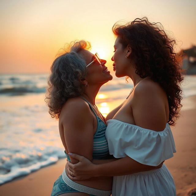 A romantic beachside scene capturing a passionate moment between a 55-year-old Israeli woman with curly hair and a voluptuous 25-year-old girlfriend