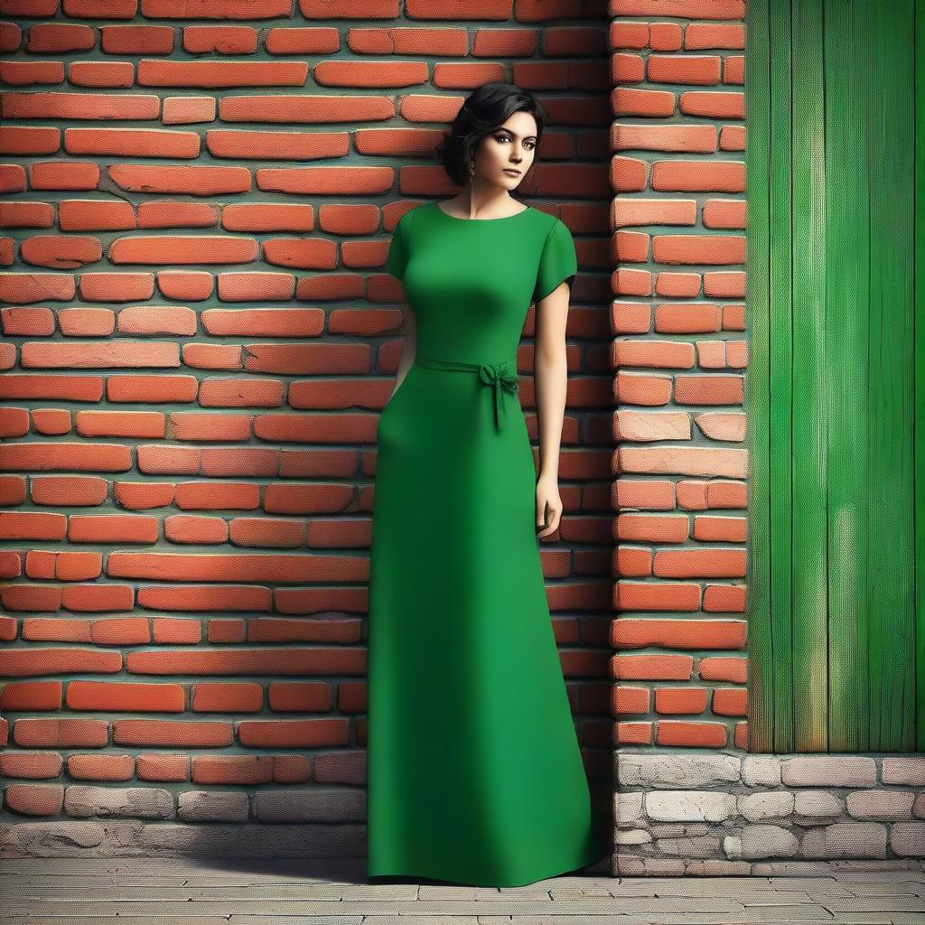 A high-quality digital art image of a woman in a green dress leaning against a rustic brick wall