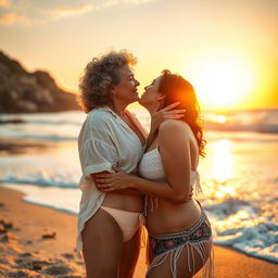 A romantic beachside scene capturing a passionate moment between a 55-year-old Israeli woman with curly hair and a voluptuous 25-year-old girlfriend