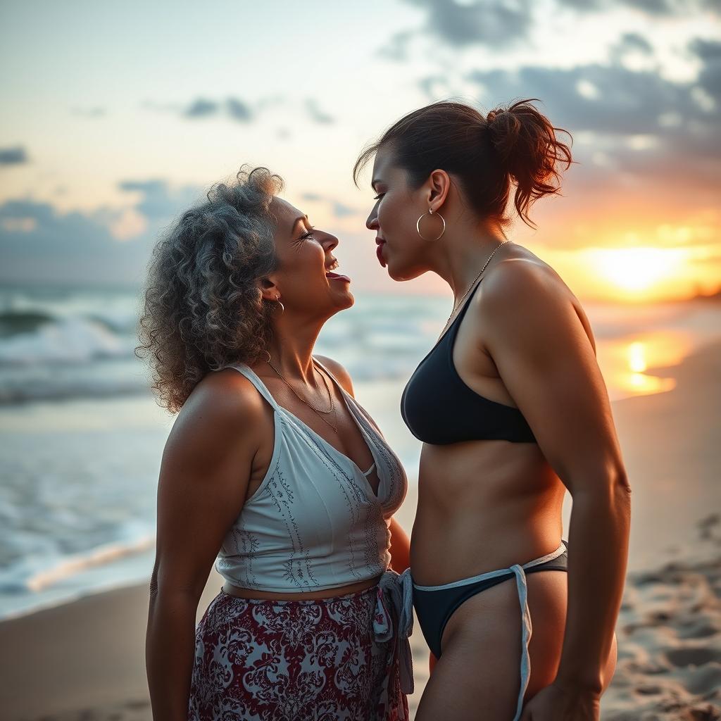 A romantic beachside scene capturing a passionate moment between a 55-year-old Israeli woman with curly hair and a voluptuous 25-year-old girlfriend