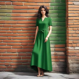 A high-quality digital art image of a woman in a green dress leaning against a rustic brick wall