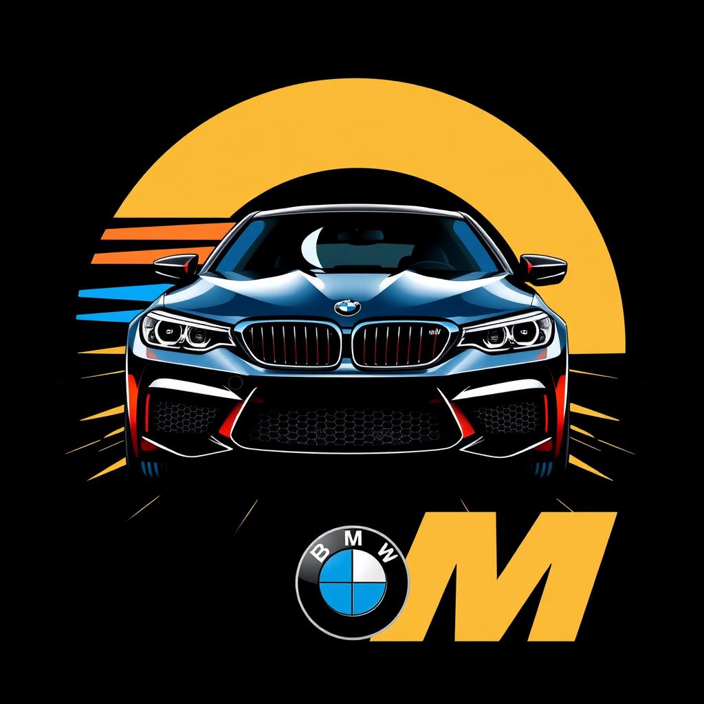 A stylish graphic design featuring a BMW M5 sports car in a dynamic pose