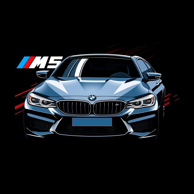 A stylish graphic design featuring a BMW M5 sports car in a dynamic pose