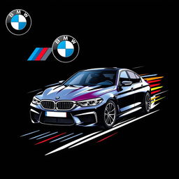 A stylish graphic design featuring a BMW M5 sports car in a dynamic pose